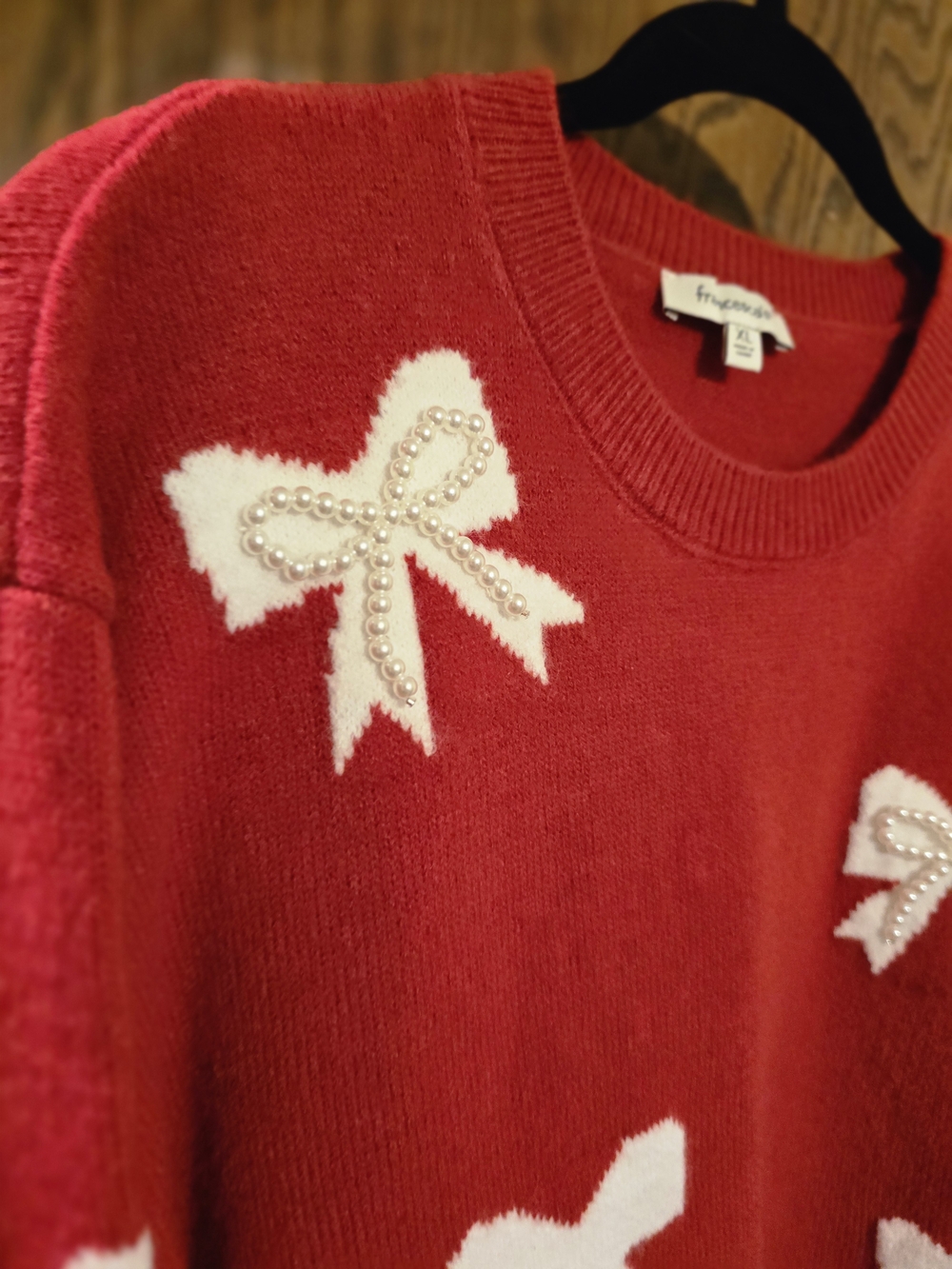 Francesca's Collections Red Crewneck Sweater with White Bow Accents - Picture 2 of 6